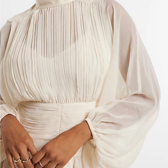 Express Mock Neck Long Sleeve Pleated Waist Tiered Ruffle Mini Dress - Picture 10 of 10